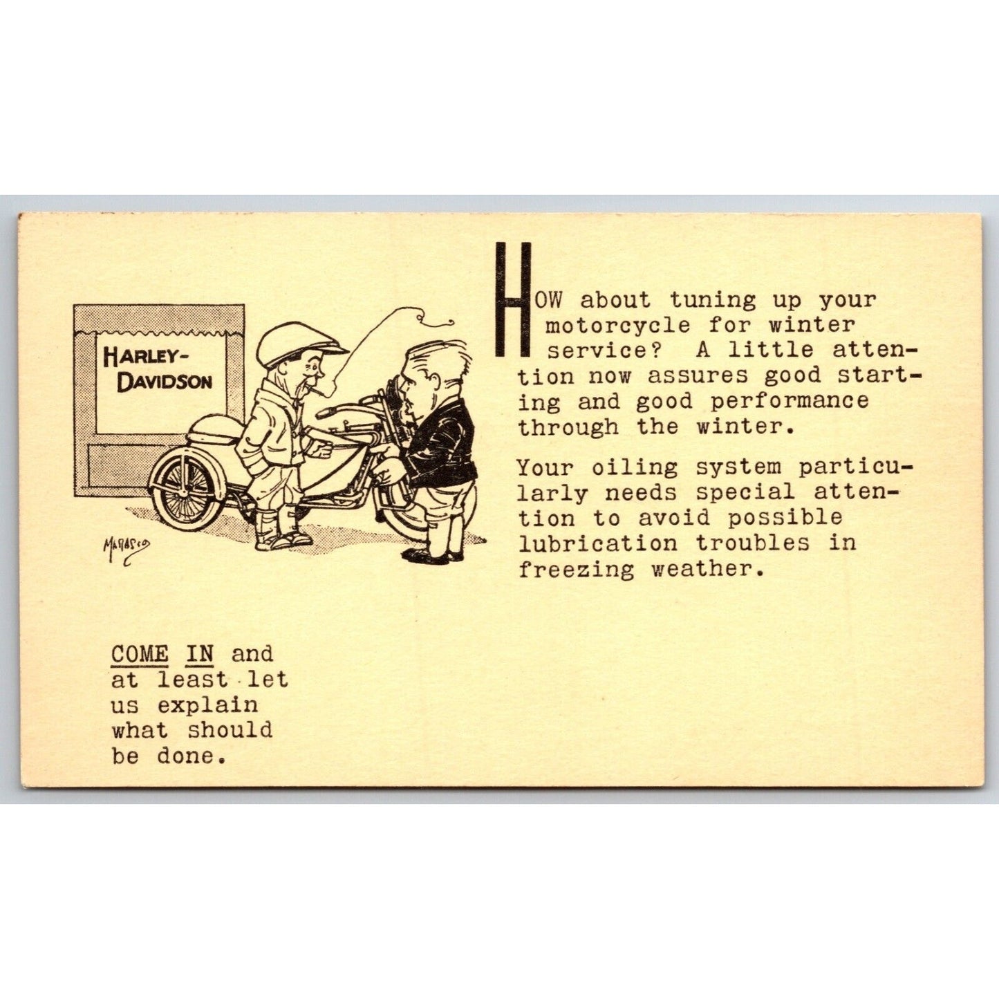 Harley Davidson Winter Service Dealer Reminder Postcard NP VGC c1930's-40's