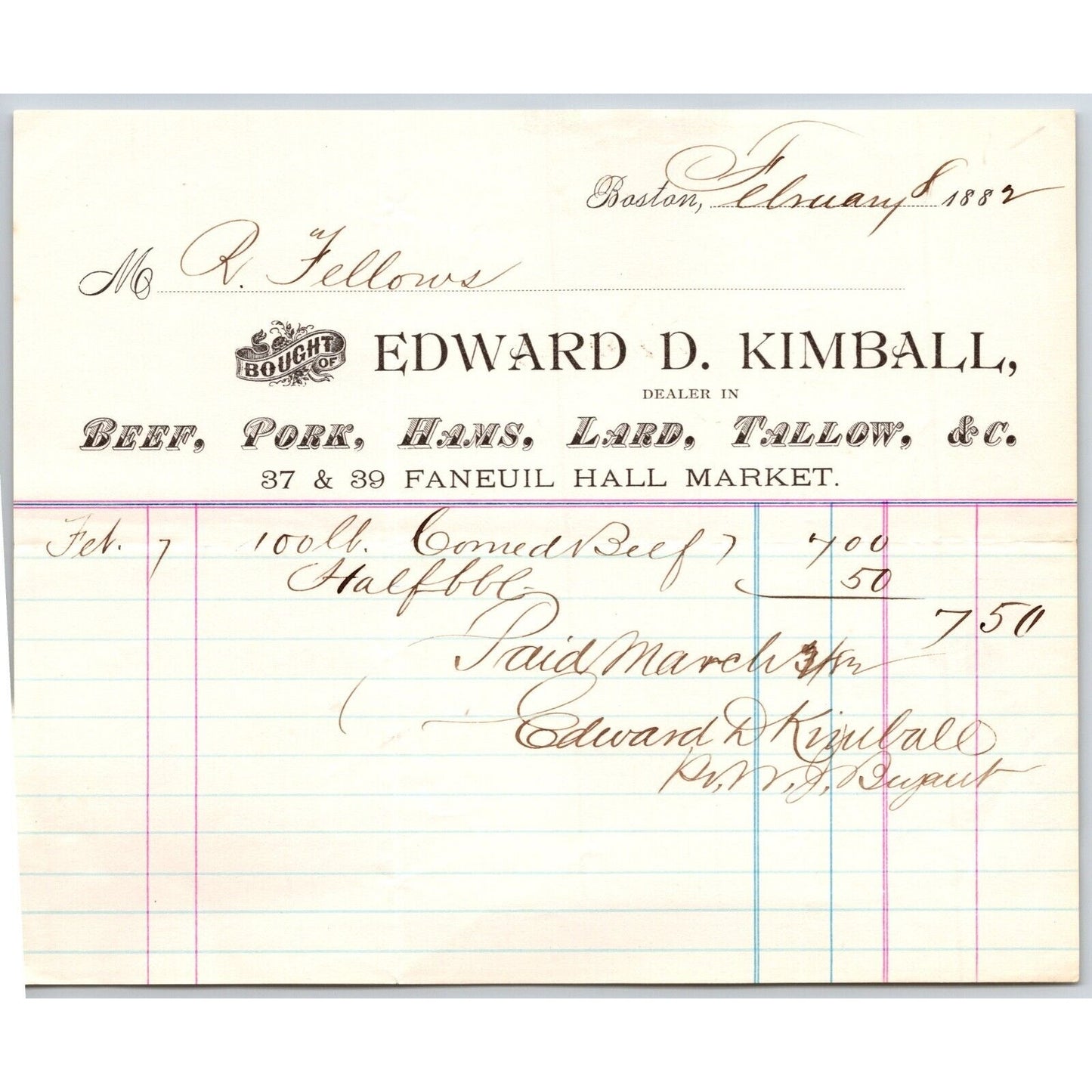 Edward D. Kimball Beef Lard Pork Hams Tallow Boston, MA 1882 Billhead