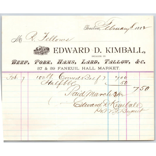 Edward D. Kimball Beef Lard Pork Hams Tallow Boston, MA 1882 Billhead