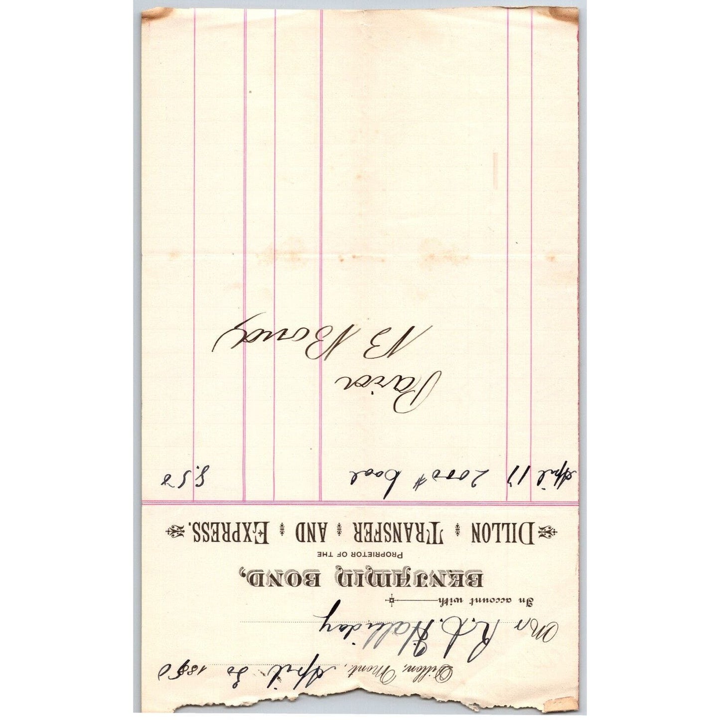 Dillon MT Benjamin Bond Dillon Transfer & Express 1890 Billhead R.C. Halliday*