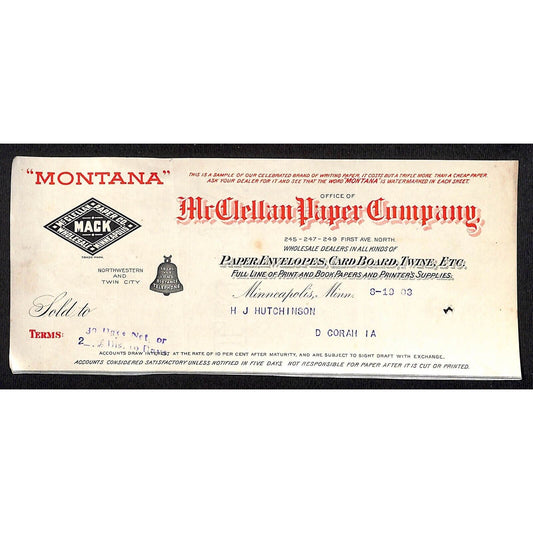 McClellan Paper Co. Minneapolis Hutchinson Decorah, IA* 1903 Cut Billhead