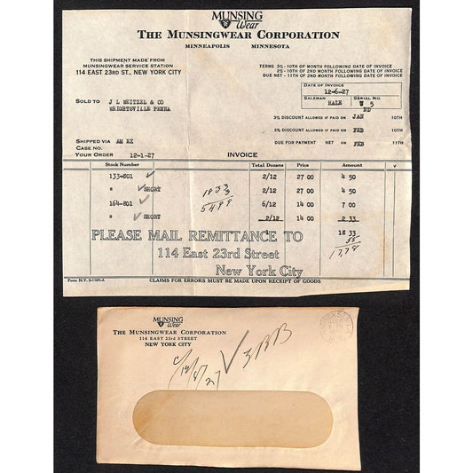 Munsingwear Munsing Wear (Underwear) 23rd St. NYC 1927 Billhead + Cover