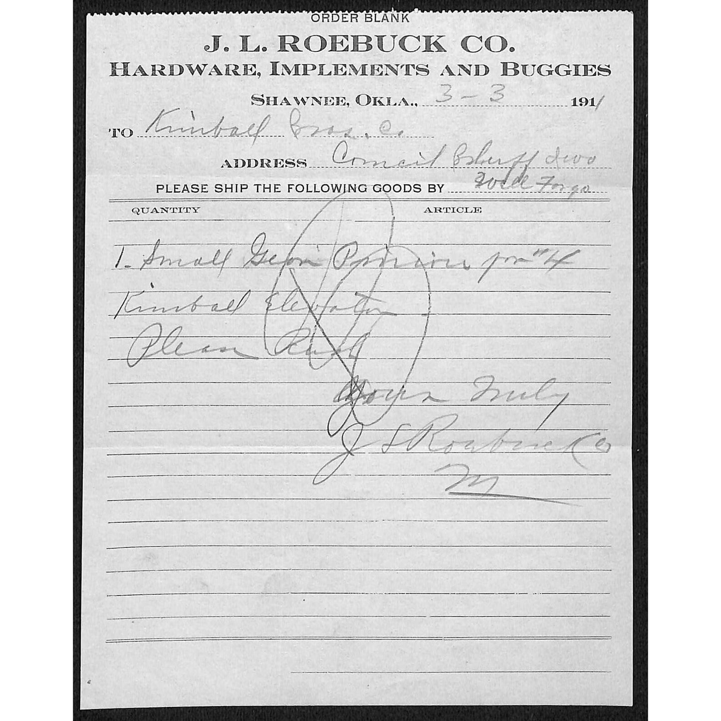 1911 J.L. Roebuck Co. Implements Buggies Shawnee, OK Shipping Billhead