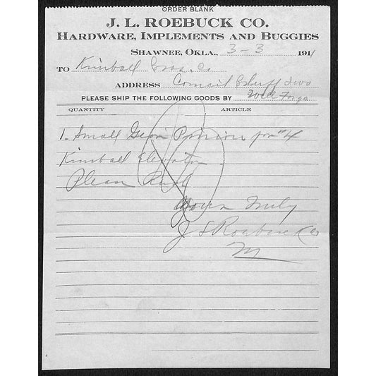 1911 J.L. Roebuck Co. Implements Buggies Shawnee, OK Shipping Billhead