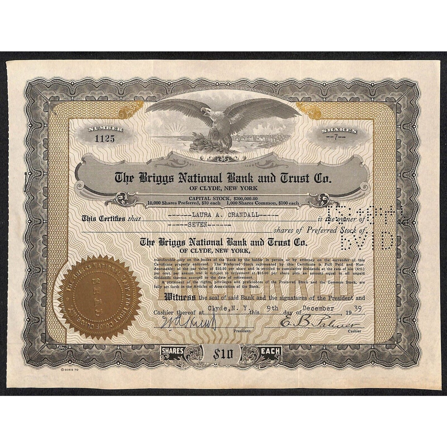 Briggs National Bank and Trust Clyde NY 1939 Stock Certificate Laura A. Crandall