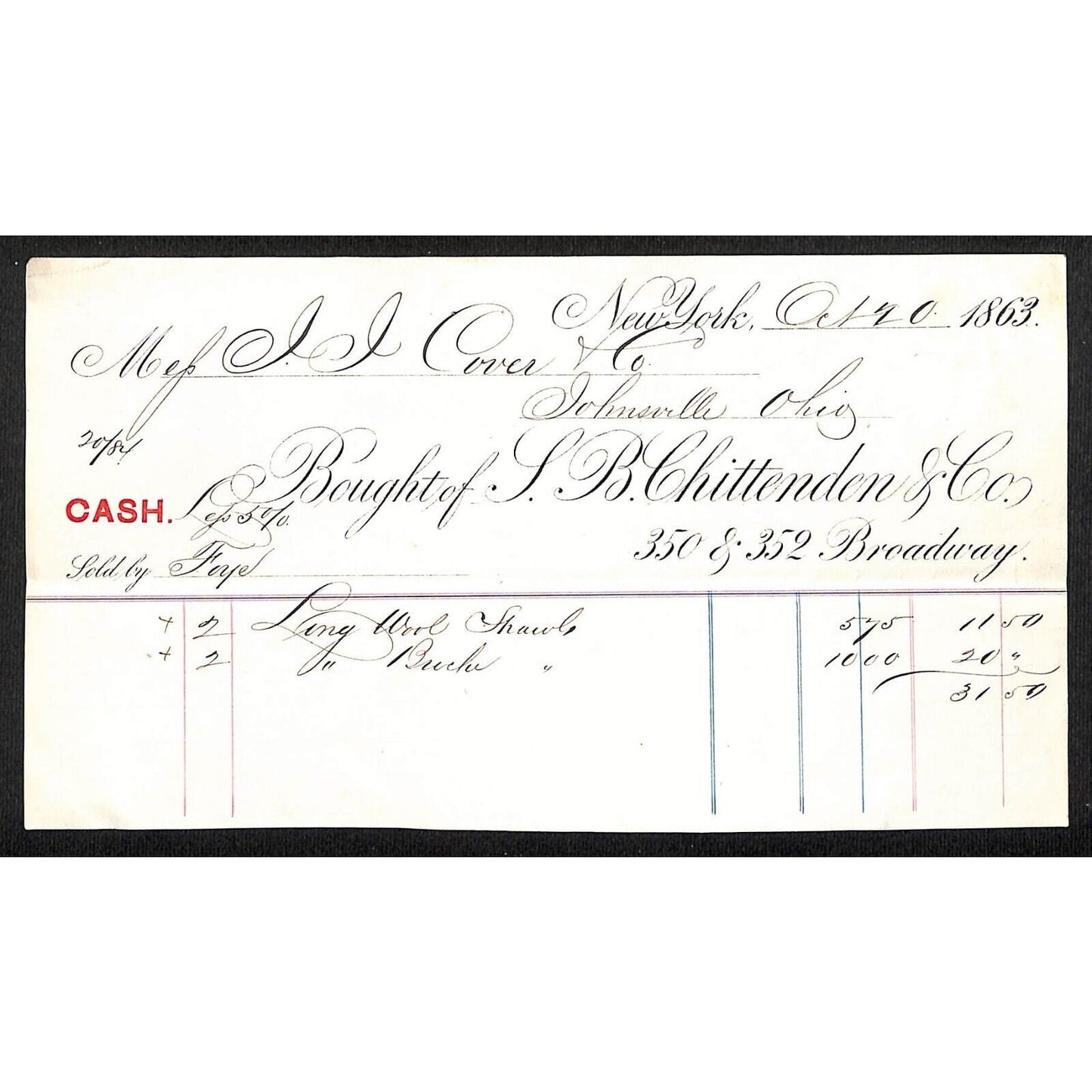L.B. Chittenden & Co. Hosiery Broadway NYC 1863 J.J. Cover* Billhead VGC