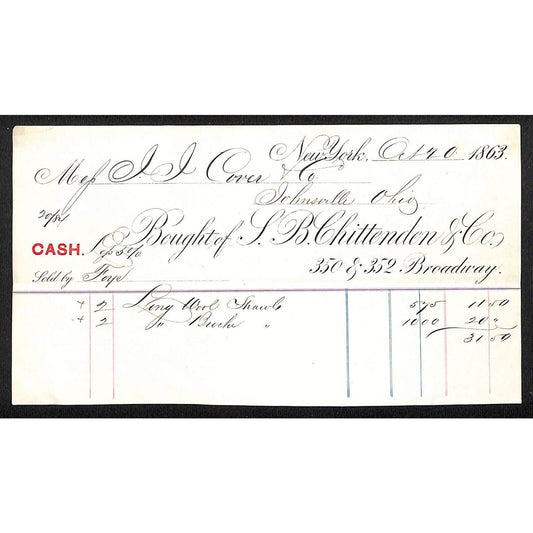 L.B. Chittenden & Co. Hosiery Broadway NYC 1863 J.J. Cover* Billhead VGC