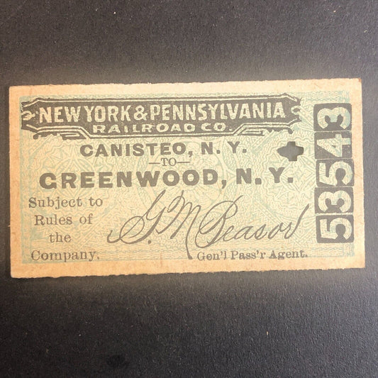 New York & Pennsylvania Railroad July 13 1917 Greenwood, NY Ticket #53543