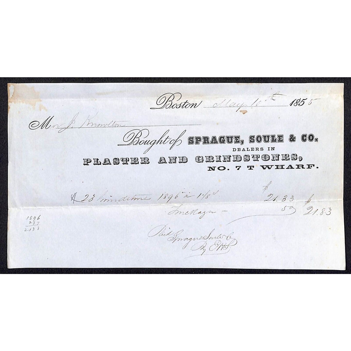1855 Jabez Knowlton* Newburgh, ME Sprague, Soule & Co Boston Grindstone Billhead