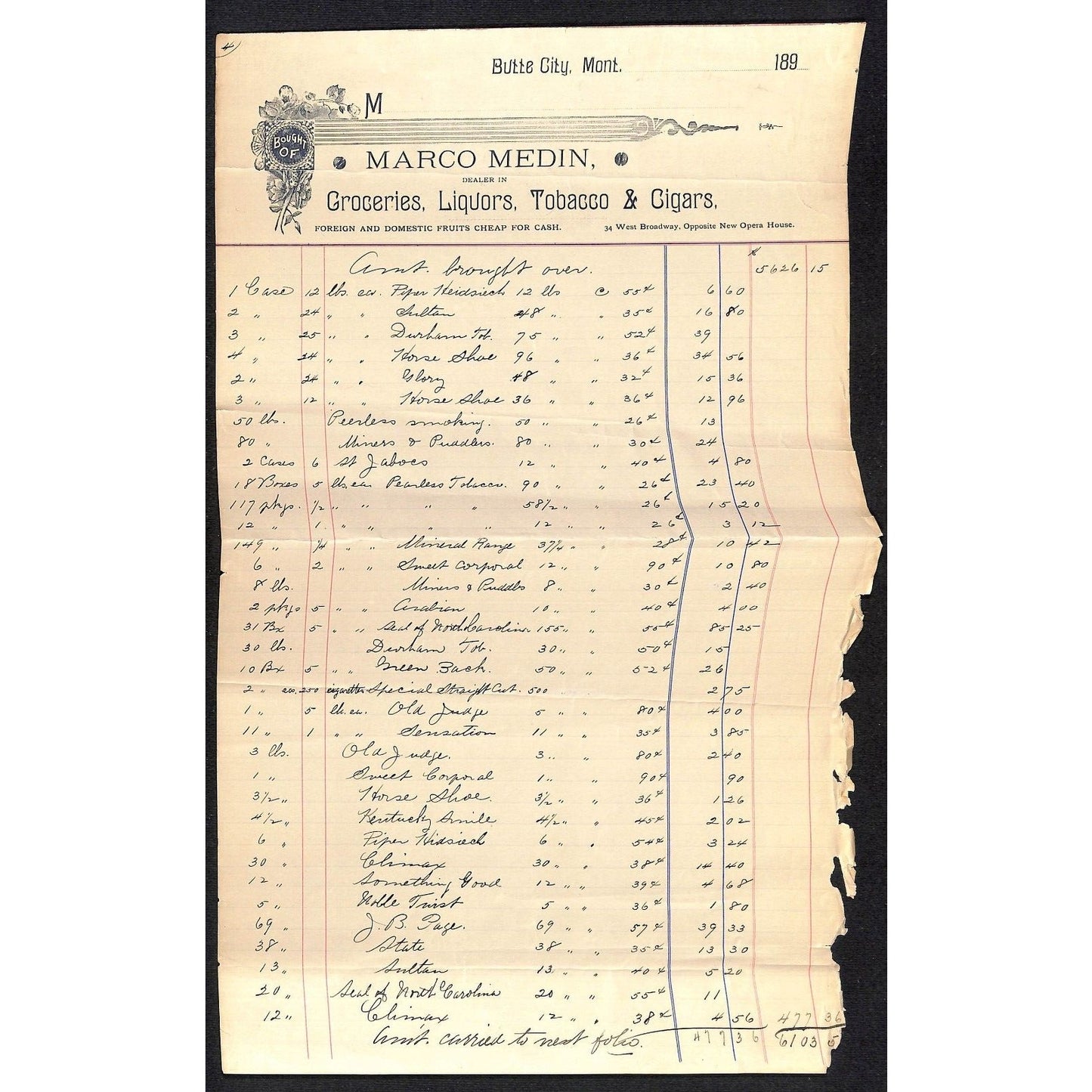 Marco Medin Butte City, MT Groceries Liquors Tobacco 189? 1890 3pp Billheads