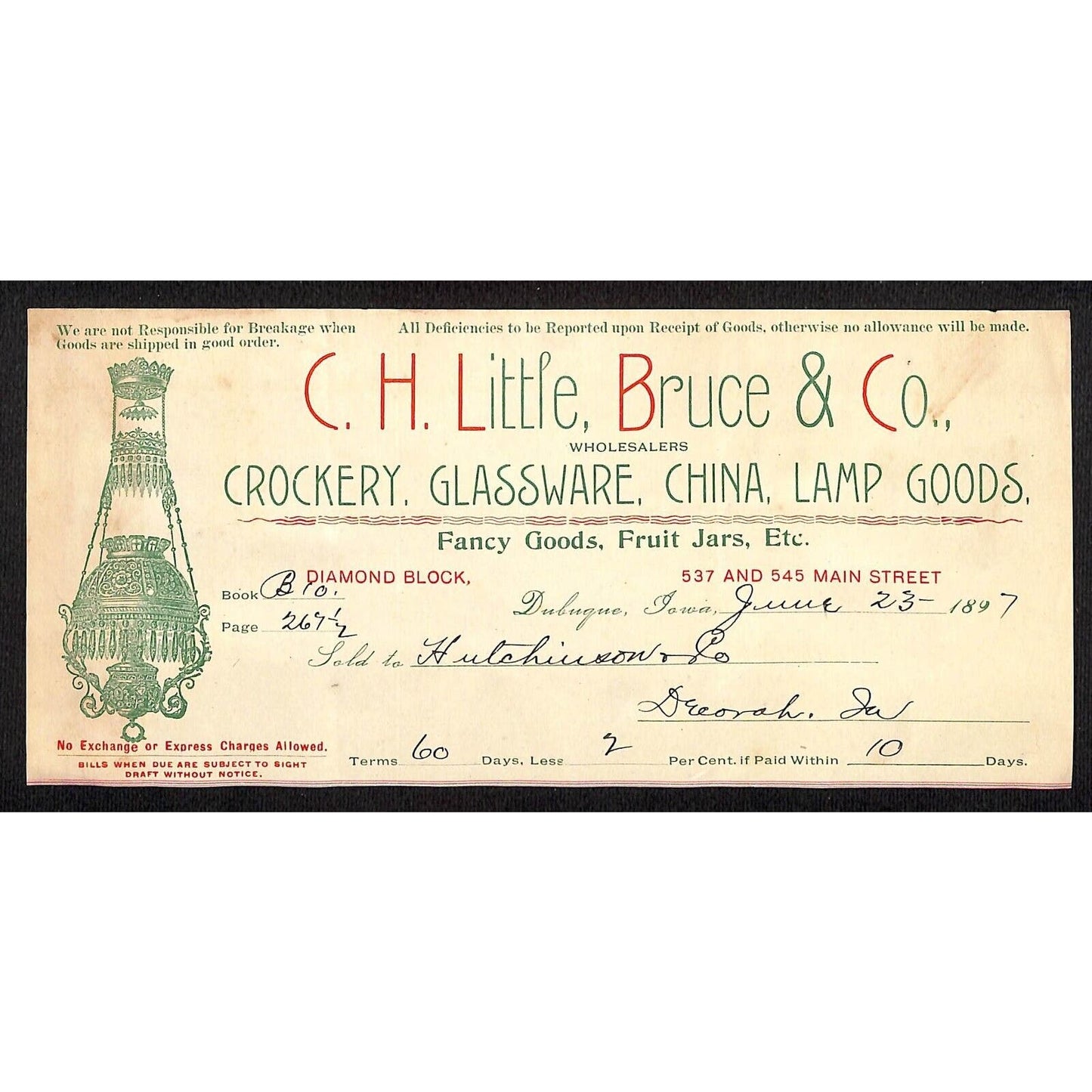 C.H. Little, Becker Co Crockery China Hutchinson Decorah, IA* Cut 1897 Billhead