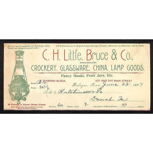 C.H. Little, Becker Co Crockery China Hutchinson Decorah, IA* Cut 1897 Billhead