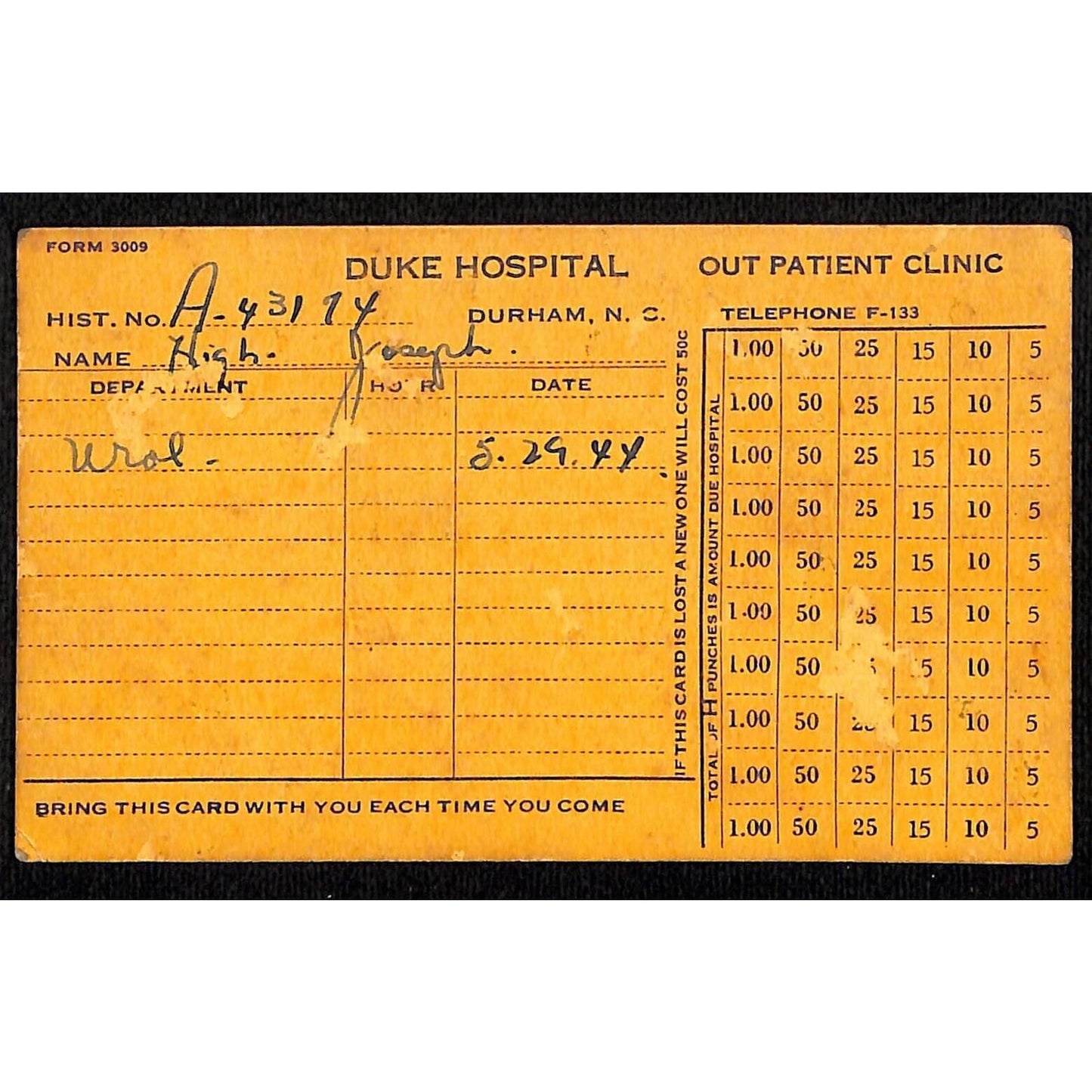 1944 Duke Hospital Durham, NC Out Patient Clinic "Amount Due" Punch Card