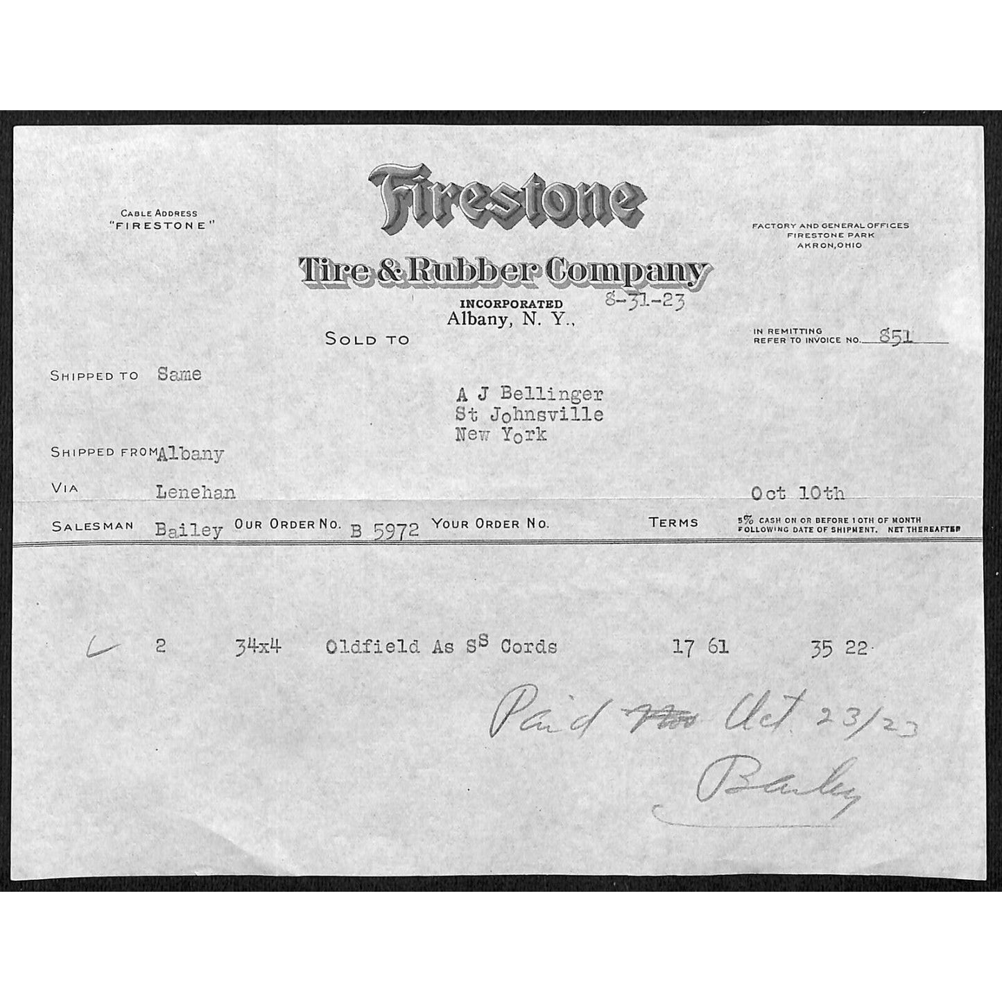 Firestone Tire & Rubber Co. Albany, NY Akron, OH 1923 Billhead