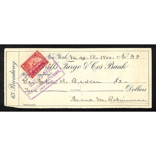 1900 Wells Fargo & Co Bank 63 Broadway NYC Check #88 w/ Rev Stamp John H. Becker