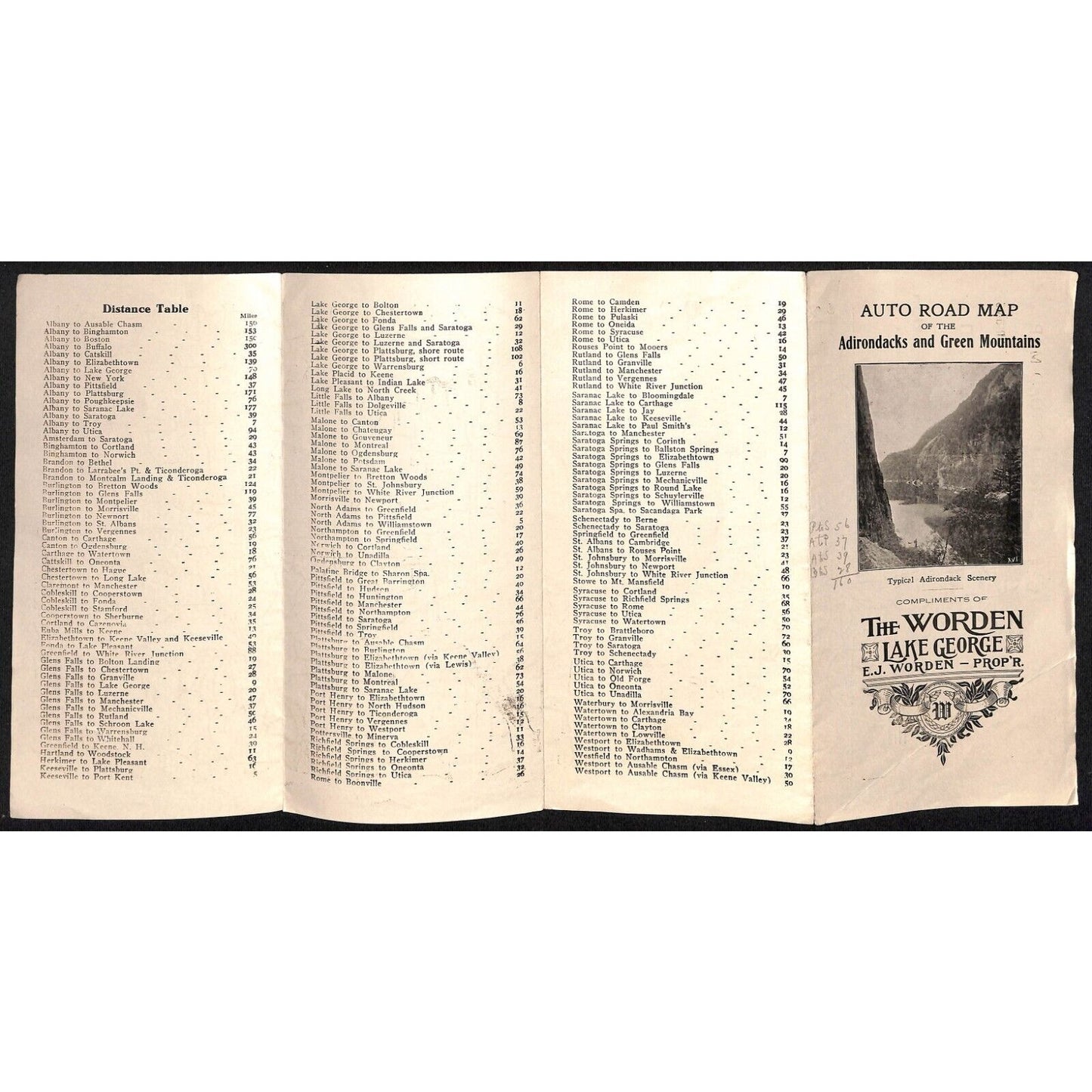 The Worden Lake George c1925 Auto Road Map Adirondacks Green Mountains Scarce #2