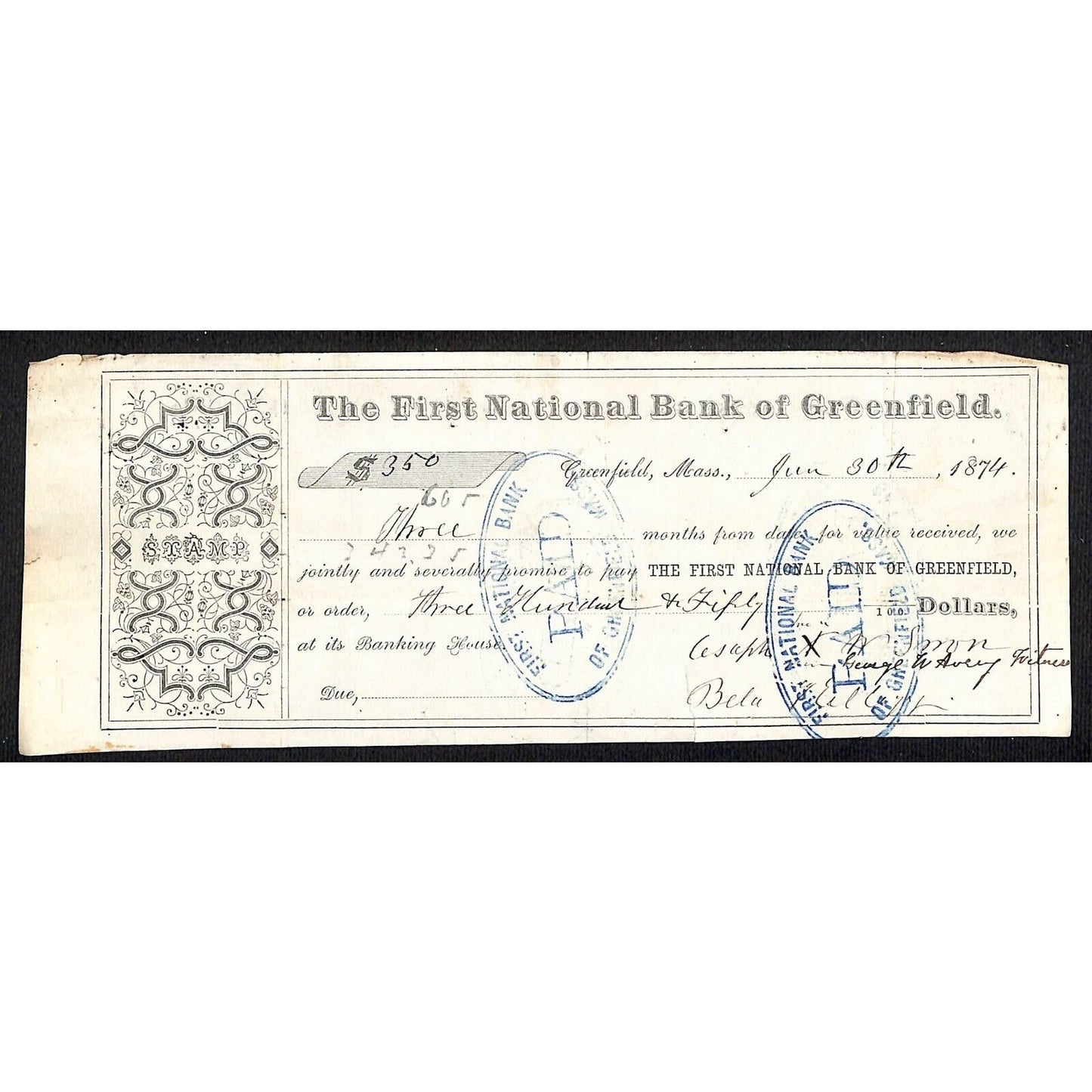1874 First National Bank of Greenfield, MA $350 Promissory Note