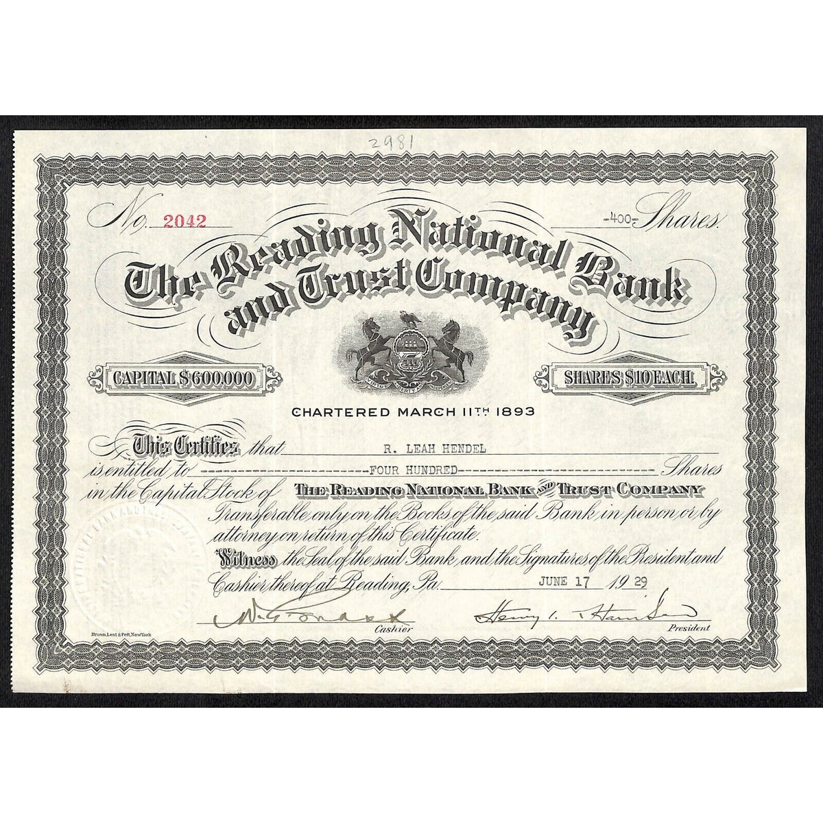 Reading National Bank and Trust PA 1929 Stock Certificate to R. Leah Hendel