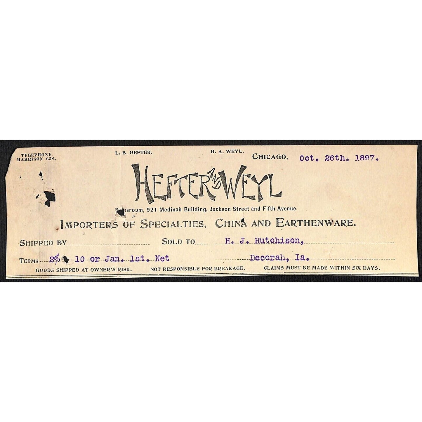 Hefter and Weyl China Chicago HJ Hutchinson Decorah, IA* Cut 1901 Billhead