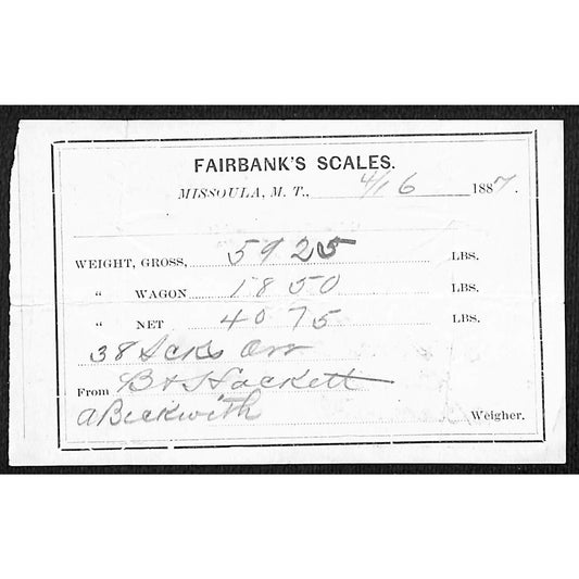 1887 Missoula Montana Territory Fairbank's Scales Mining Ore Weight Receipt (#3)