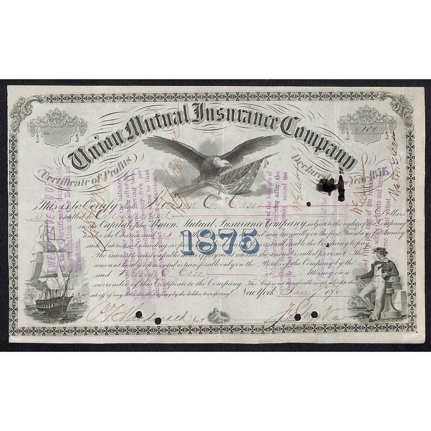 Union Mutual Insurance NY 1875 "Certificate of Profits" to Watson E. Case
