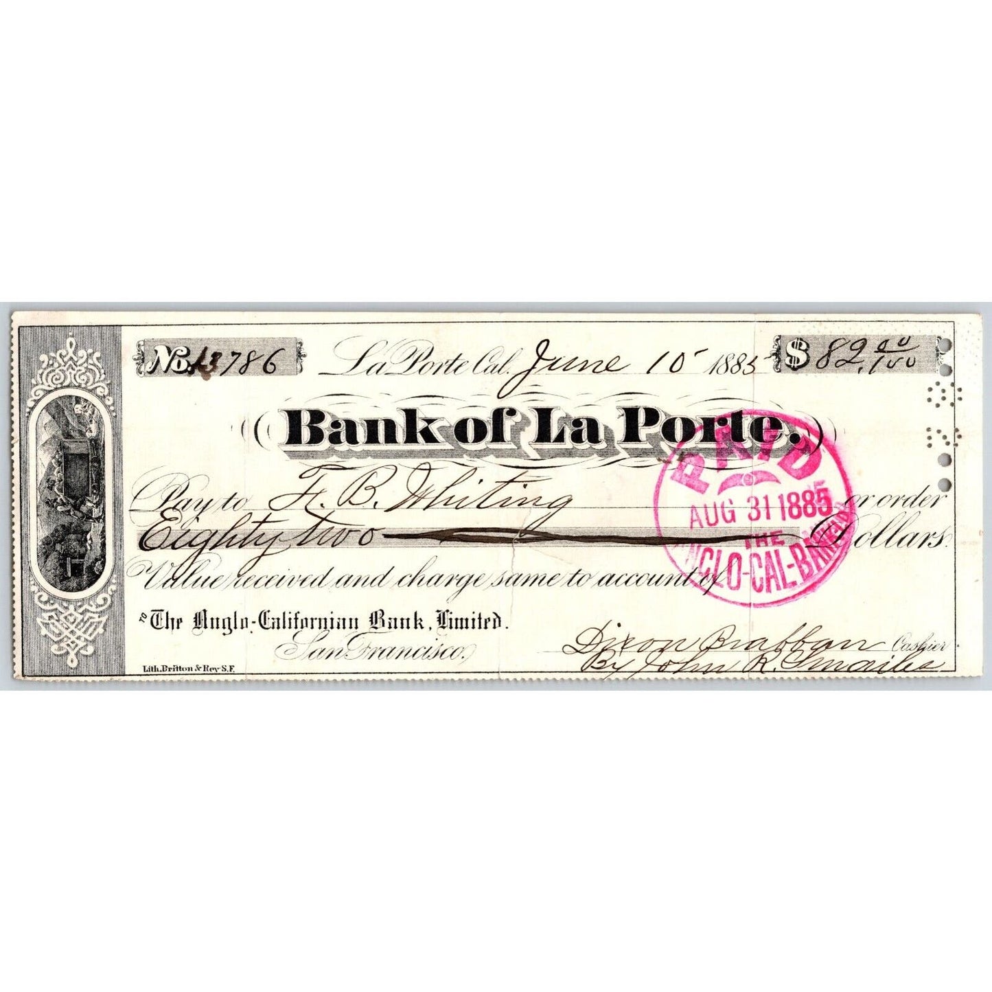 Bank of La Porte Check F.B. Whiting 1885 Mining Vignette #13786