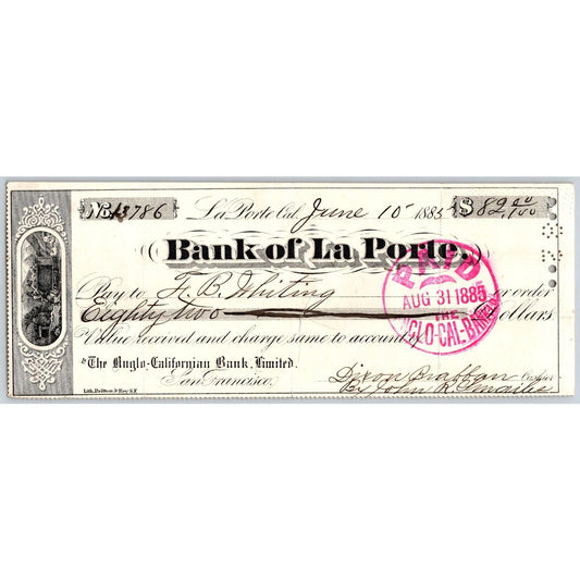 Bank of La Porte Check F.B. Whiting 1885 Mining Vignette #13786