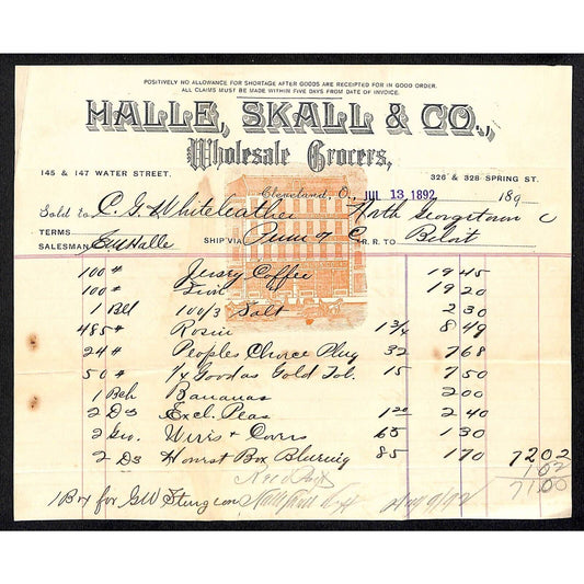 Halle, Skall & Co Grocers Cleveland Billhead 1892 Whiteleather* N. Georgetown OH