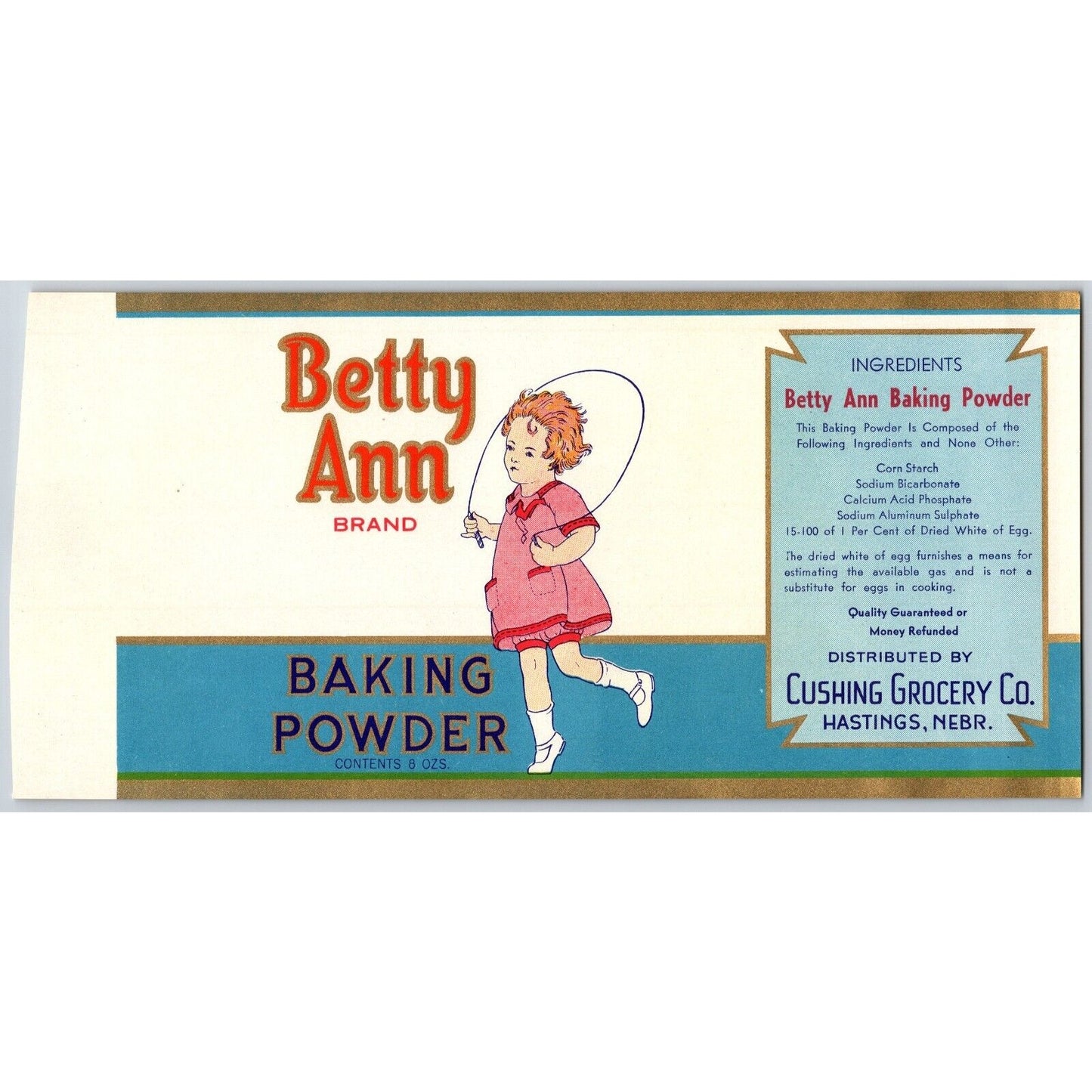 Betty Ann Baking Powder Paper Can Label c1925-35 Girl w/ Jump Rope / Cut
