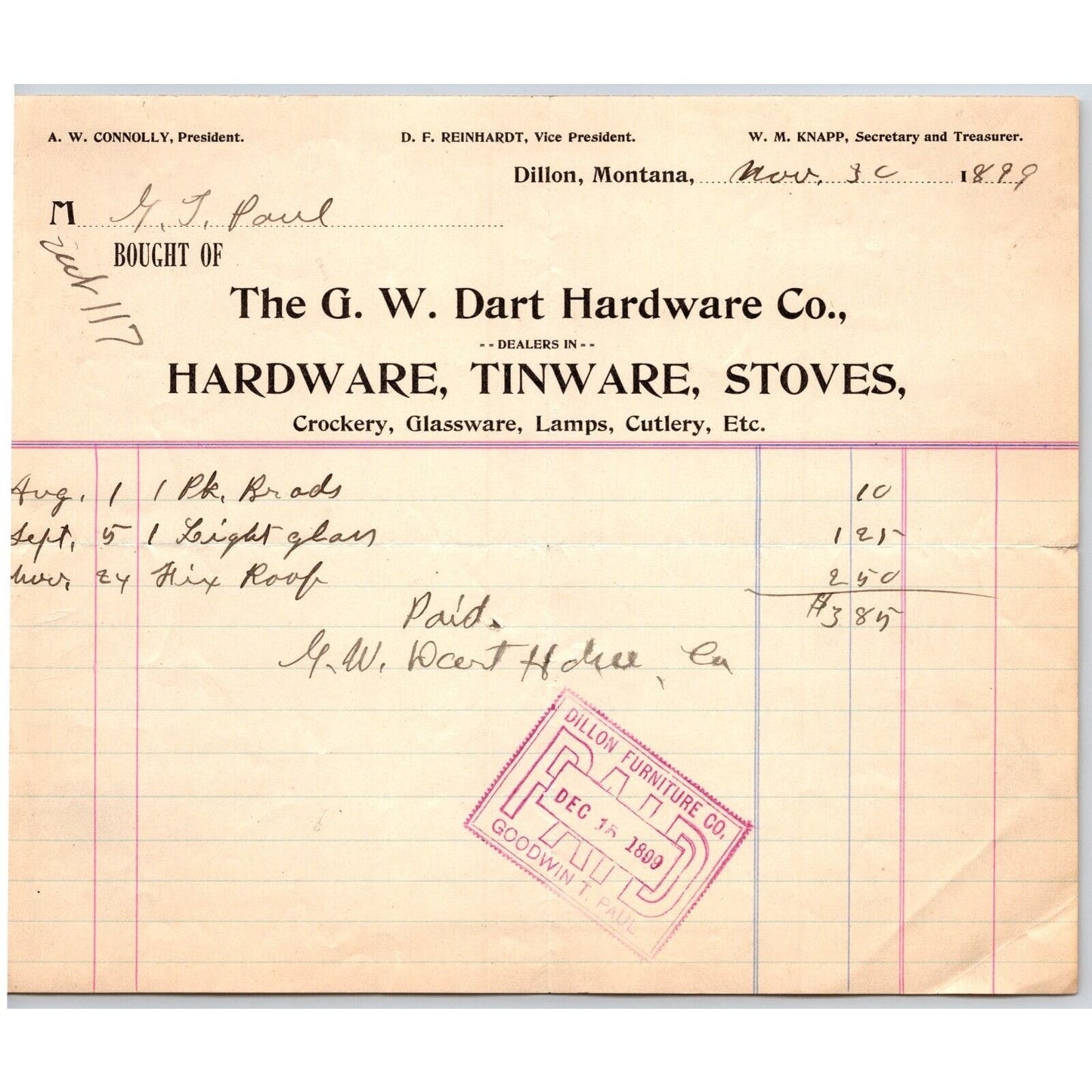 Dillon MT G.W. Dart Hardware Tinware Stoves 1899 Billhead G.T. Paul*