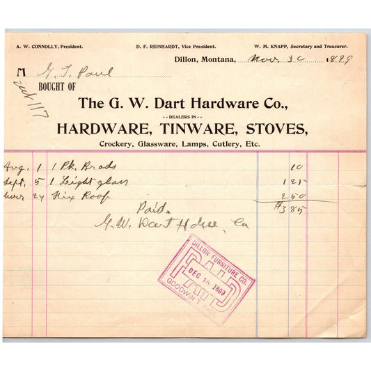 Dillon MT G.W. Dart Hardware Tinware Stoves 1899 Billhead G.T. Paul*