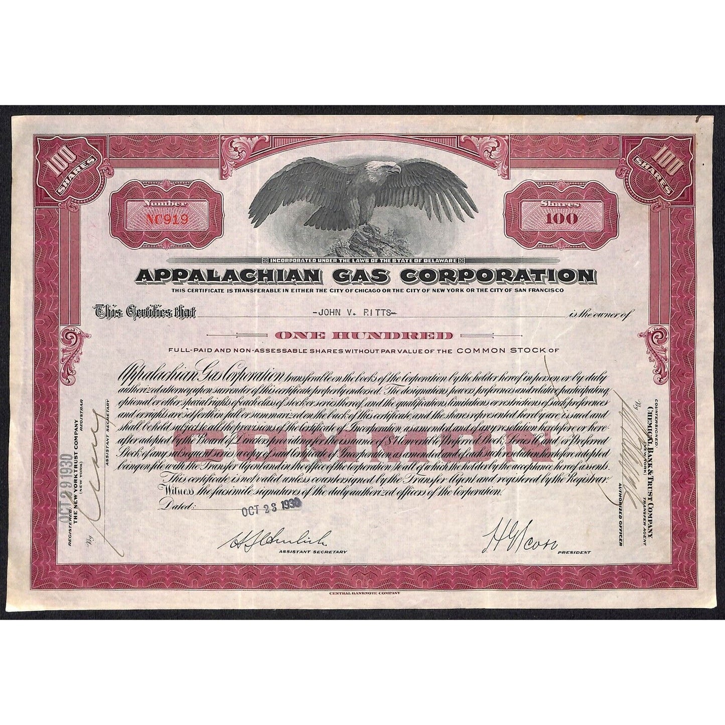 Appalachian Gas Corporation San Francisco 1930 Stock Certificate John V. Pitts