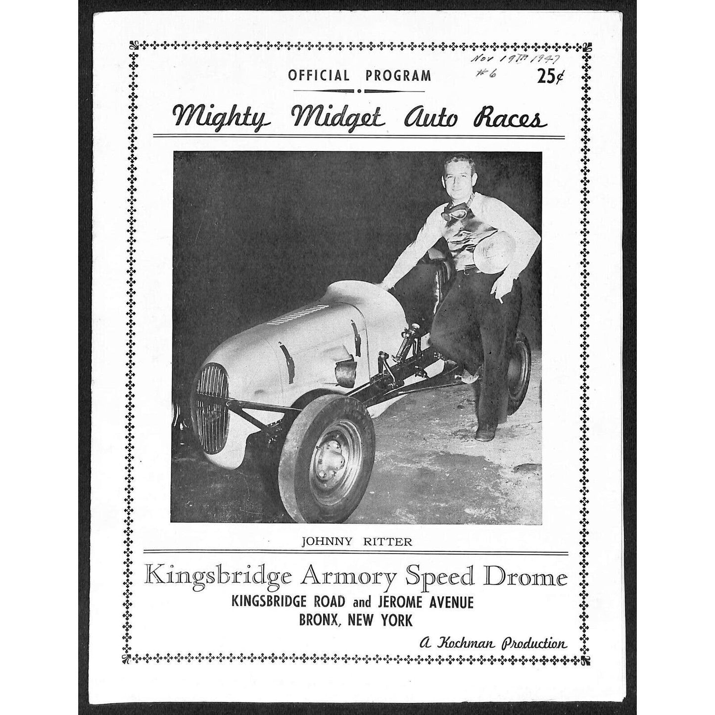 Kingsbridge Armory Speed Drome Bronx, NY 1947 Midget Racing Program 4pp* Scarce
