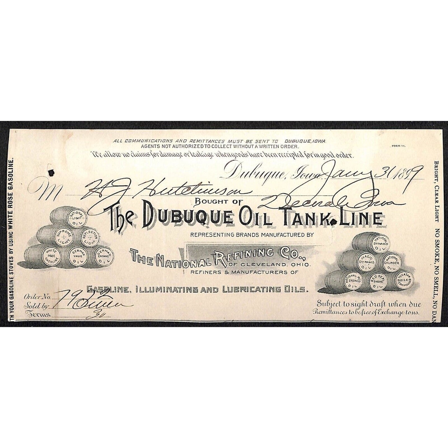 Dubuque Oil Tank Line -Refining HJ Hutchinson Decorah IA* Cut 1890's Billhead