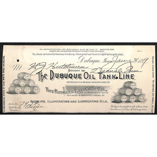 Dubuque Oil Tank Line -Refining HJ Hutchinson Decorah IA* Cut 1890's Billhead