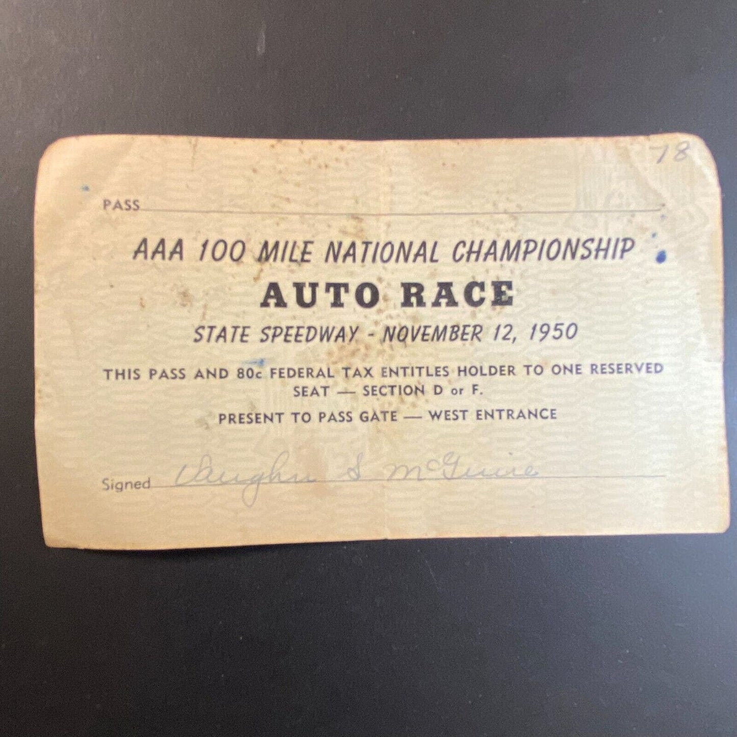 1950 State Speedway AAA 100 Mile National Championship Paper Pass - Ticket