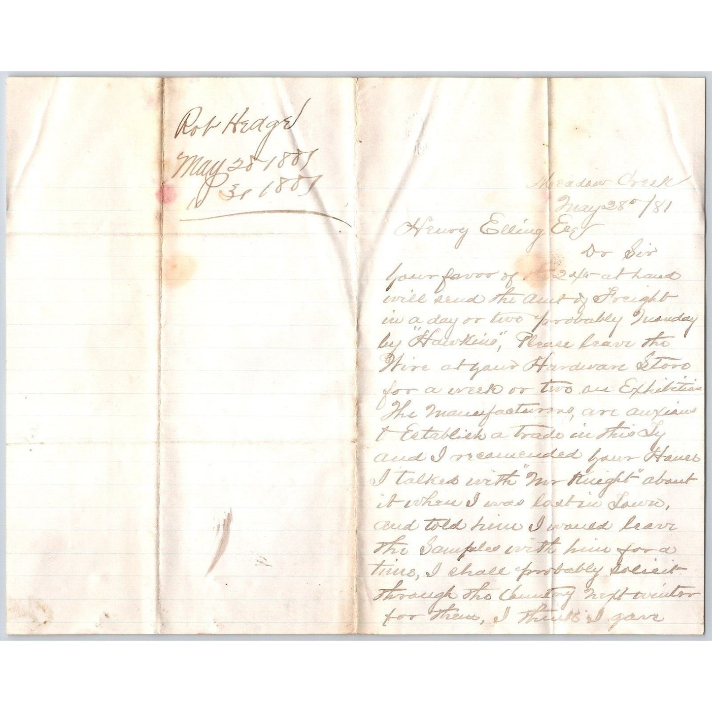 1881 ALS from Robt. Hedge Meadow Creek, MT to Henry Elling* ..Hardware Store.