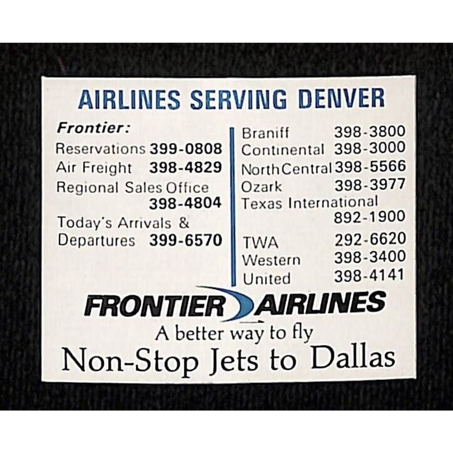 Frontier Airlines "Airlines Serving Denver" "Jets to Denver" Sticker c1968-70's
