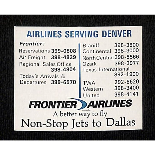 Frontier Airlines "Airlines Serving Denver" "Jets to Denver" Sticker c1968-70's