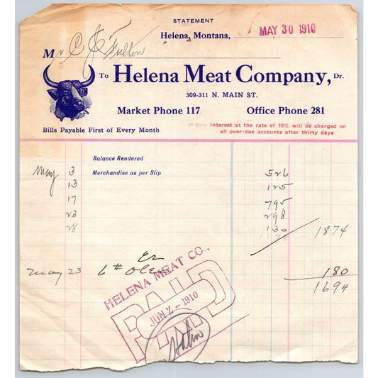 Helena, MT Helena Meat Market May 1910 Billhead w/ Steer Head Vignette