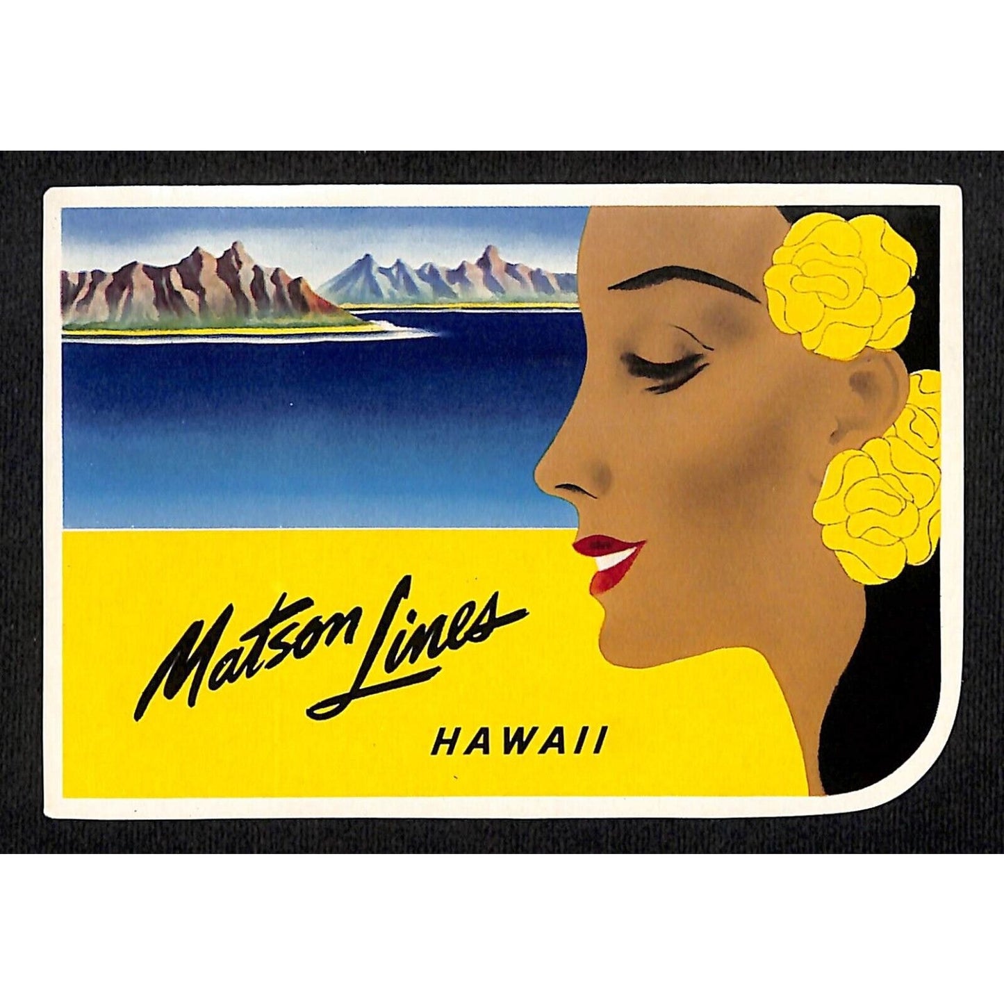Matson Lines Hawaii Luggage Label w/ Smiling Woman Island Sea Shore NOS VGC