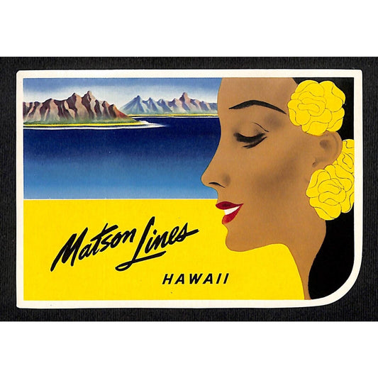 Matson Lines Hawaii Luggage Label w/ Smiling Woman Island Sea Shore NOS VGC
