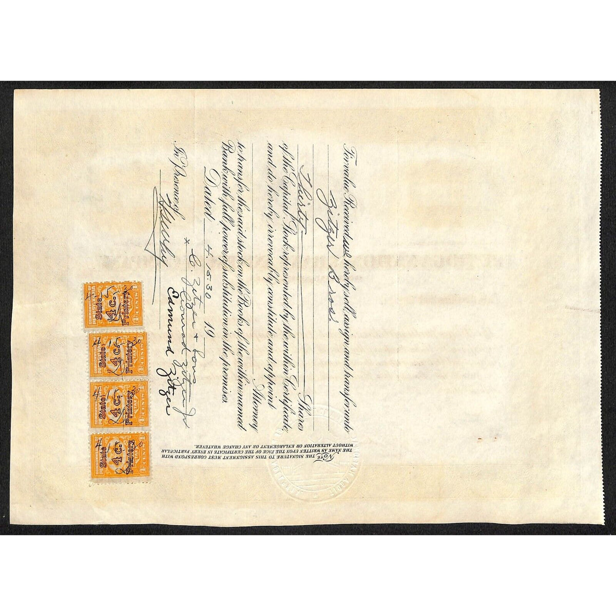 Tioga National Bank Trust Philadelphia 1929 Stock Certificate C. Zitzer & Sons
