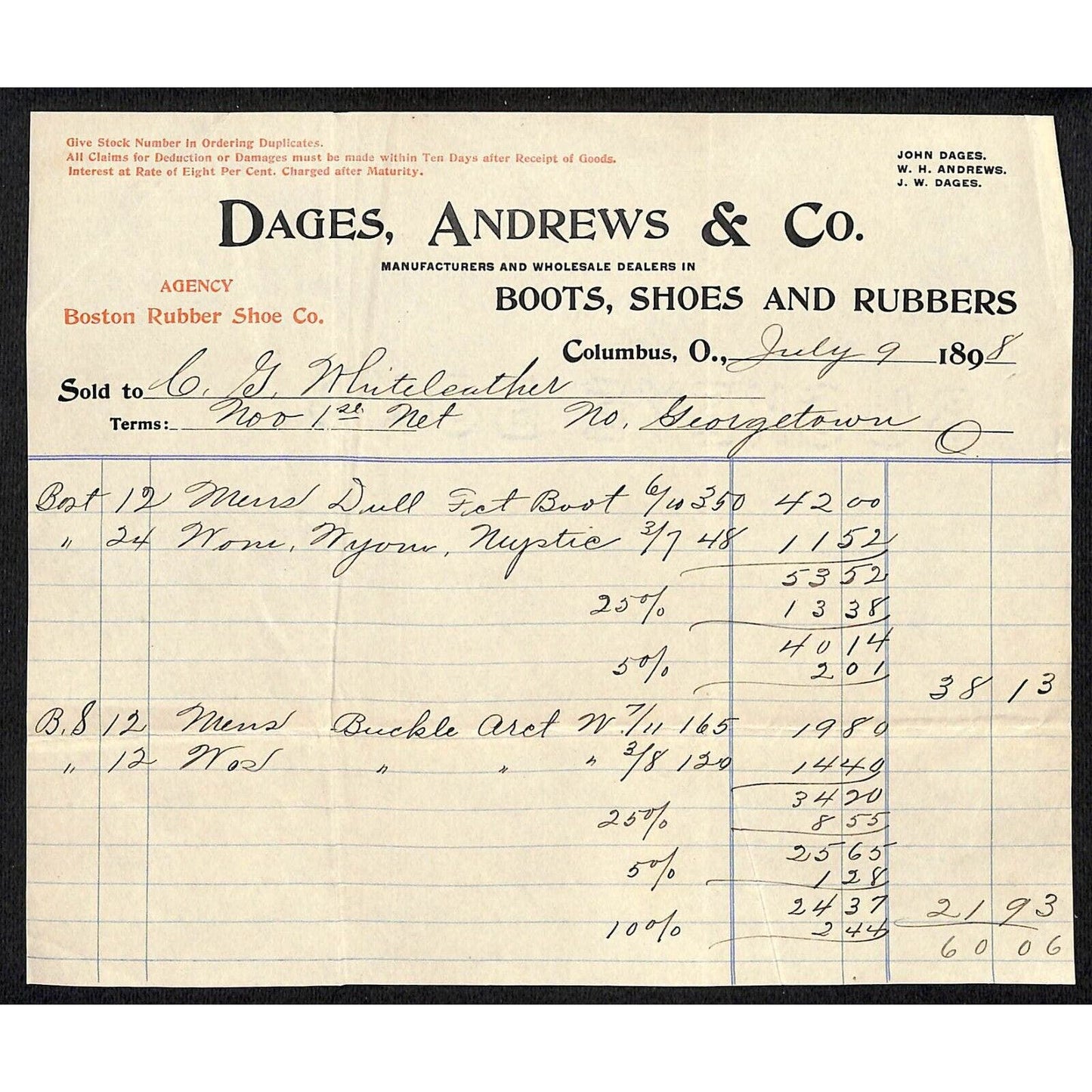 Dages, Andrews & Co. Rubbers 1898 Billhead Whiteleather* N. Georgetown, OH