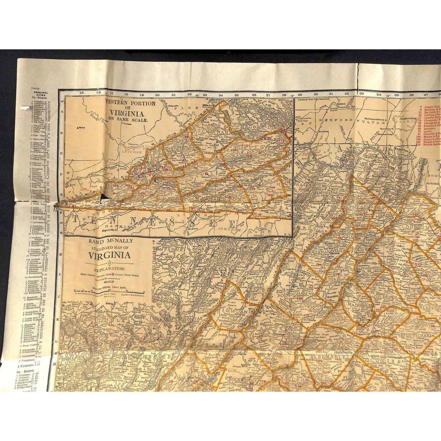 Rand McNally Tourists' Guide Virginia Indexed Pocket Map 21" x 28" c1920's