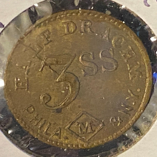Half Drachm 3SS (John Maris) Phil. NY Apothecary Weight Brass 15mm 1.9g Token
