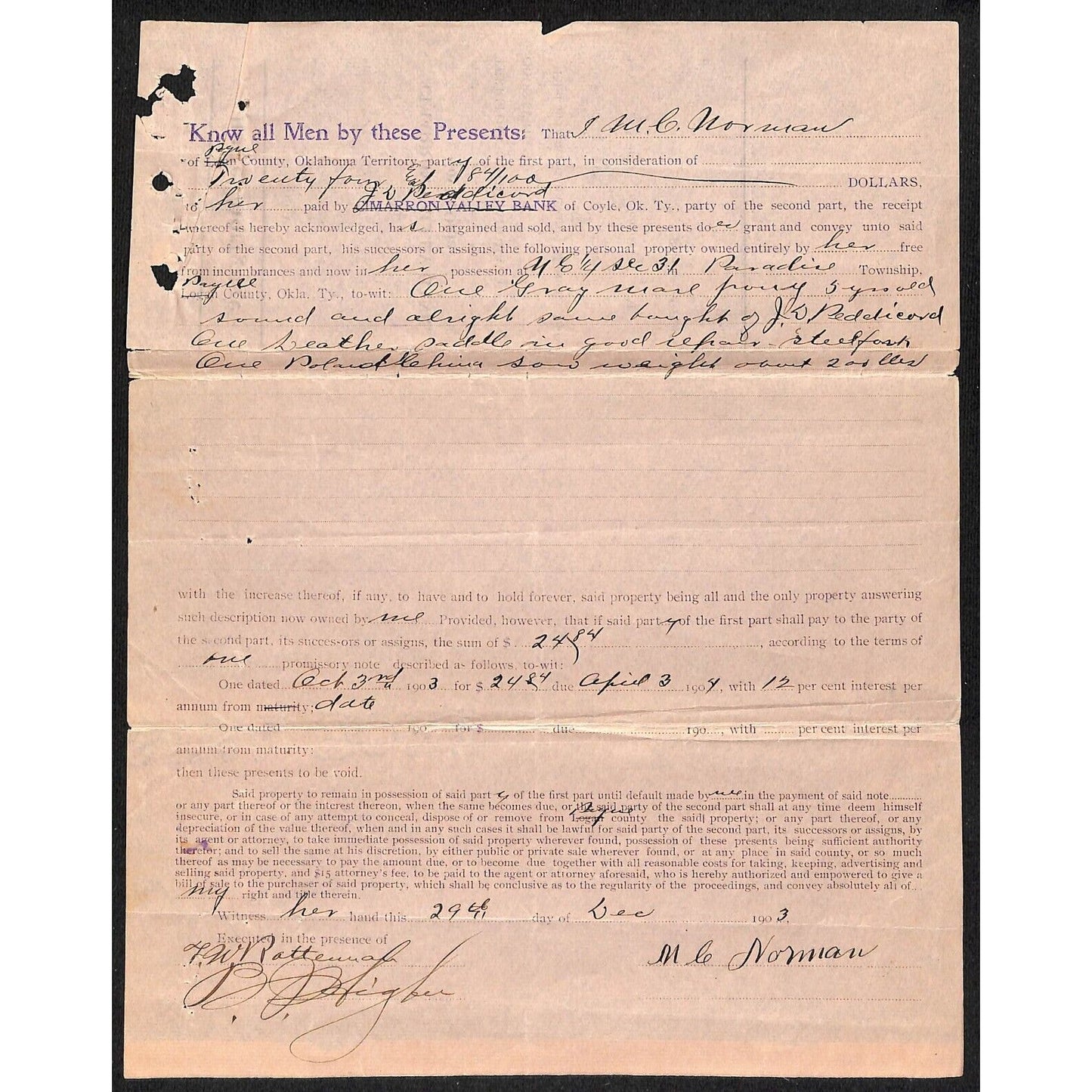 1903 Territorial Oklahoma Promissory Note - $24.84 @ 12% Interest