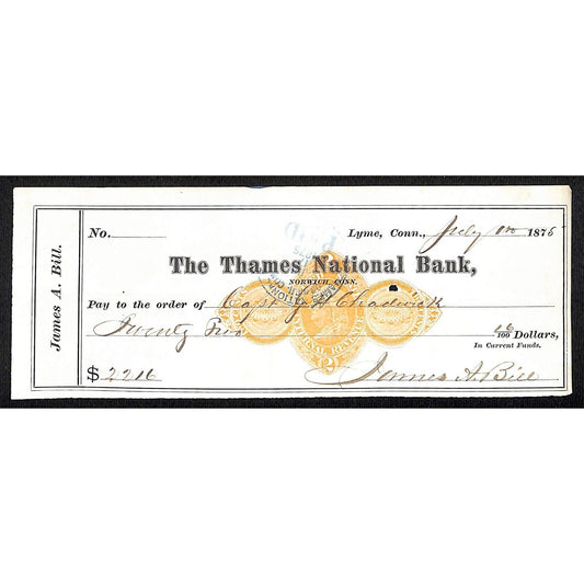 James A. Bill* 1875 Thames National Bank Lyme CT on Rev Stamp Check Stock (#23)