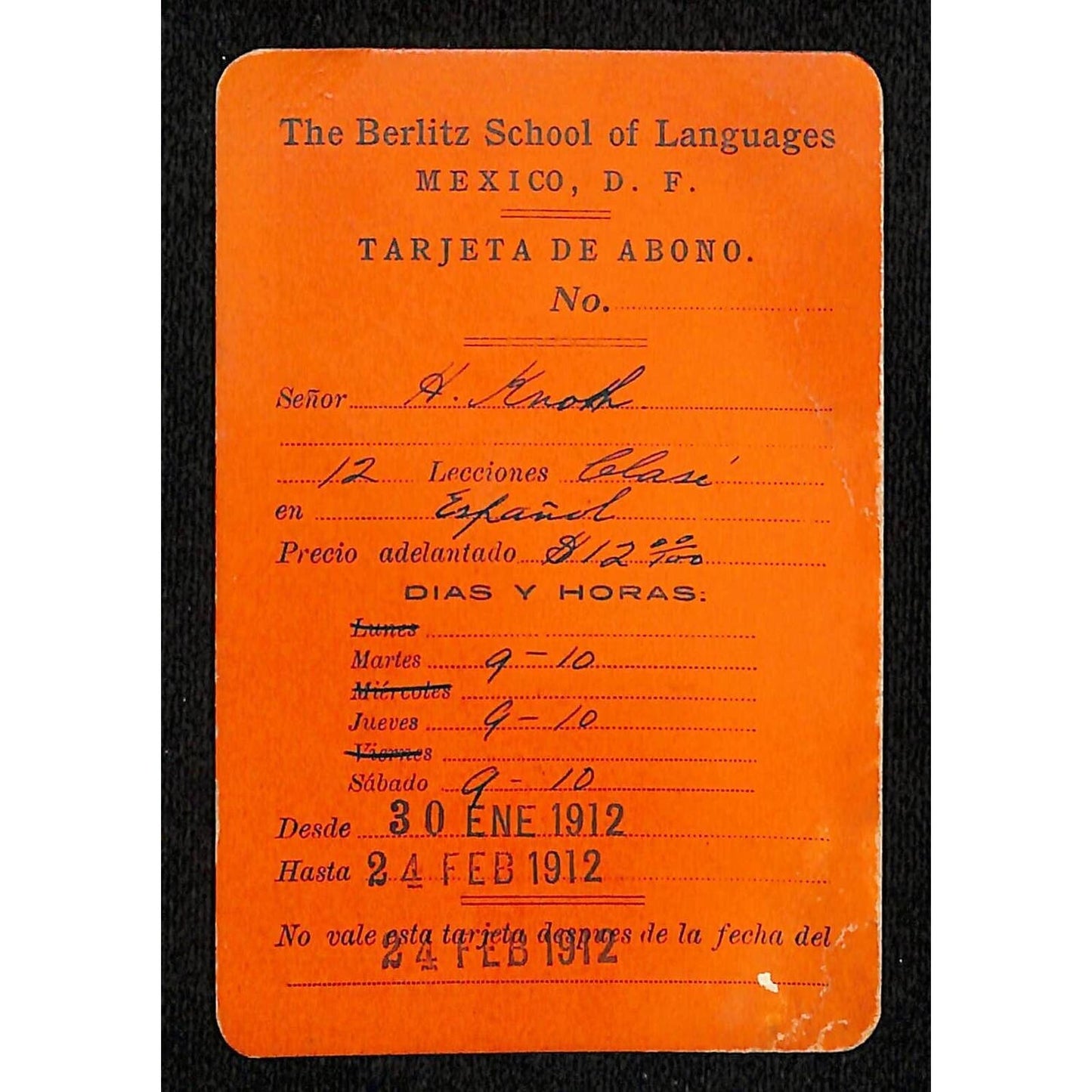 1912 The Berlitz School of Language Mexico Subscription Card