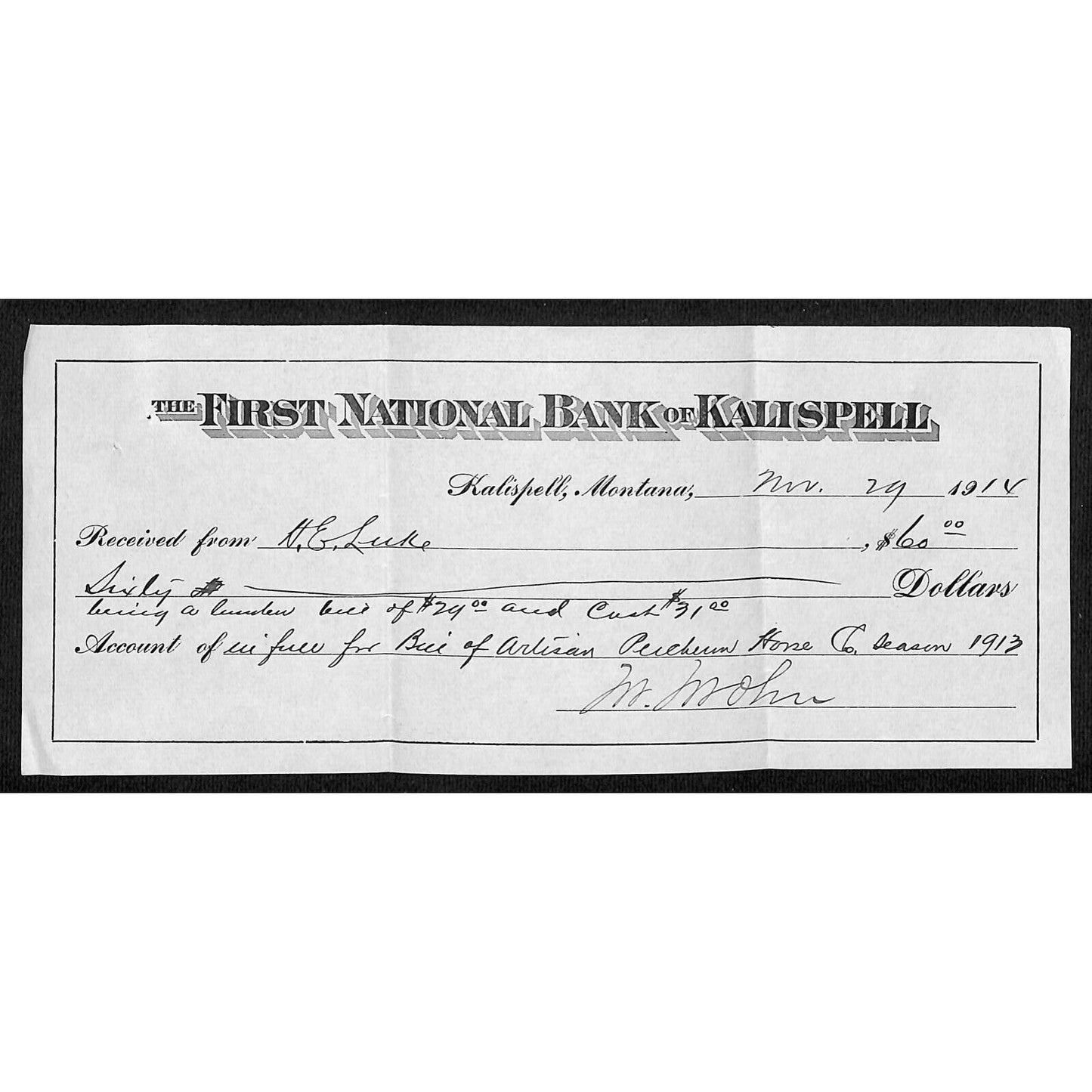 1914 FNB of Kalispell Montana Receipt Artisan Percheron Horse Company